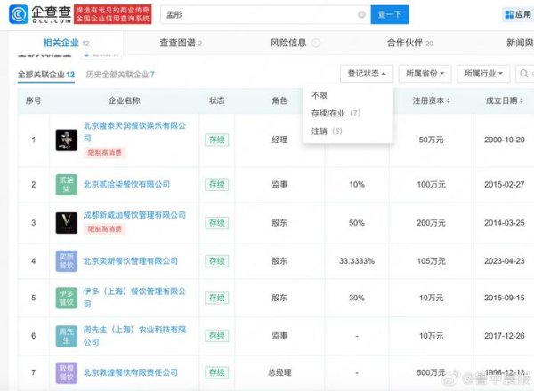 国融汇通 那英老公孟桐关联公司被限高，3家与那英合资企业已注销